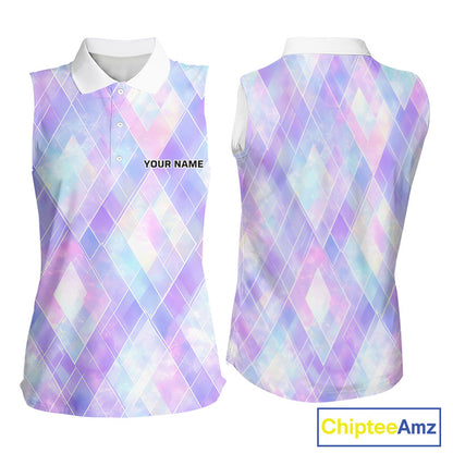 Violet And Blue Square Pattern Womens Sleeveless Golf Polo Shirt Custom Name Golf Tops For Ladies NHN0203