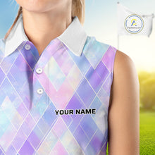 Load image into Gallery viewer, Violet And Blue Square Pattern Womens Sleeveless Golf Polo Shirt Custom Name Golf Tops For Ladies NHN0203
