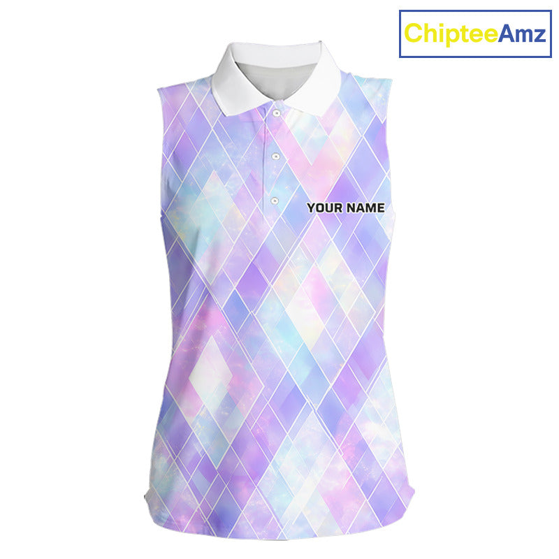 Violet And Blue Square Pattern Womens Sleeveless Golf Polo Shirt Custom Name Golf Tops For Ladies NHN0203