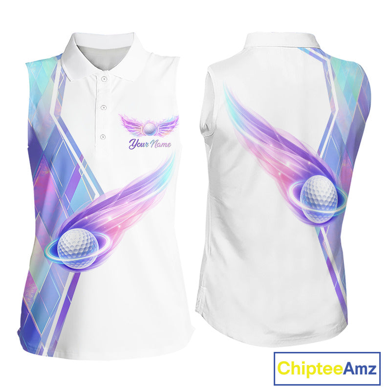 Womens Sleeveless Golf Polo Shirt Violet Square Plaid Pattern Custom Flame Golf Ball Golf Tops For Ladies NHN0204