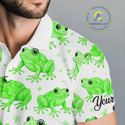 Funny Green Frog Pattern Mens Golf Polo Shirts Custom Golf Attire For Men, Golfer Gift NHN0134