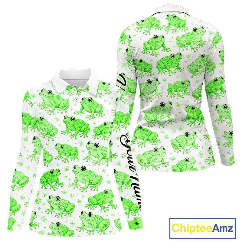 Funny Green Frog Pattern Womens Long Sleeve Golf Polo Shirts Custom Golf Attire For Ladies, Golfer Gift NHN0134