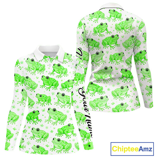 Funny Green Frog Pattern Womens Long Sleeve Golf Polo Shirts Custom Golf Attire For Ladies, Golfer Gift NHN0134