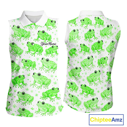 Funny Green Frog Pattern Womens Sleeveless Golf Polo Shirts Custom Golf Attire For Ladies , Golfer Gifts NHN0134