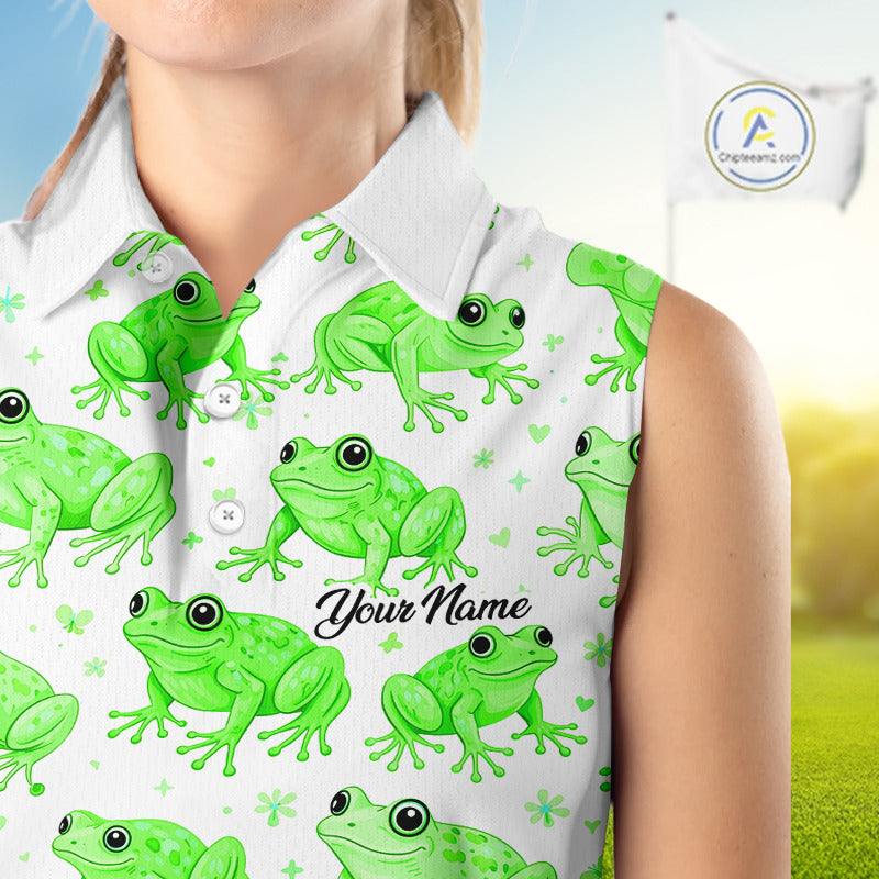 Funny Green Frog Pattern Womens Sleeveless Golf Polo Shirts Custom Golf Attire For Ladies , Golfer Gifts NHN0134