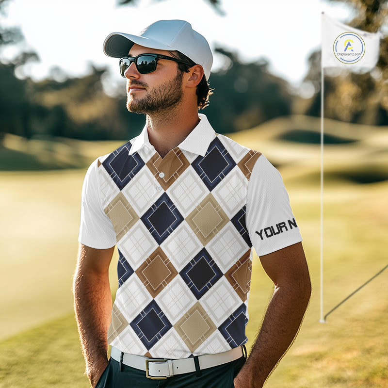 Plaid Mens Golf Polo Shirt Custom Retro Argyle Pattern Team Golf Tops, Vintage Golf Gift Personalized NHN0216