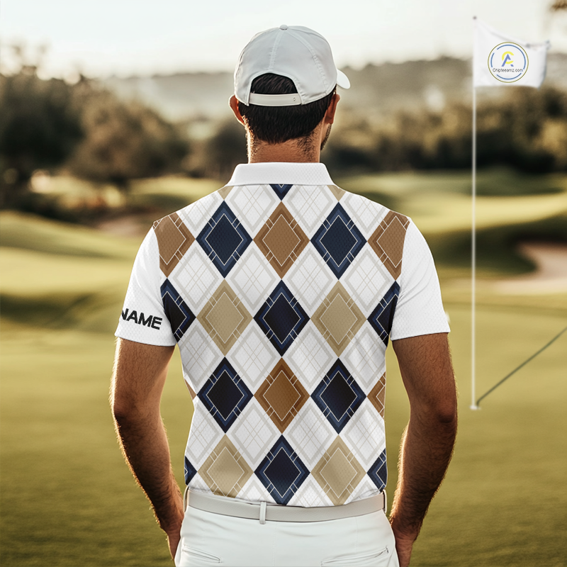 Plaid Mens Golf Polo Shirt Custom Retro Argyle Pattern Team Golf Tops, Vintage Golf Gift Personalized NHN0216