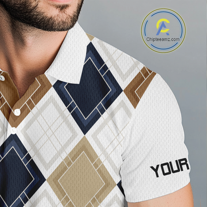 Plaid Mens Golf Polo Shirt Custom Retro Argyle Pattern Team Golf Tops, Vintage Golf Gift Personalized NHN0216