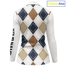 Load image into Gallery viewer, Plaid Womens Long Sleeve Golf Polo Shirt Custom Retro Argyle Pattern Team Golf Tops, Vintage Golf Gift NHN0216