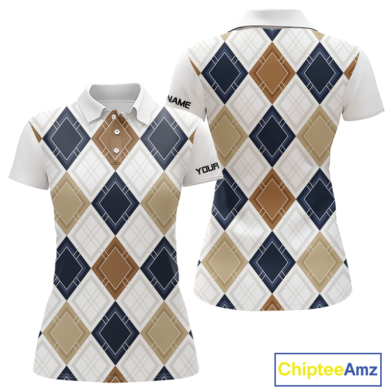 Plaid Womens Golf Polo Shirt Custom Retro Argyle Pattern Team Ladies Golf Tops, Vintage Golf Gift NHN0216
