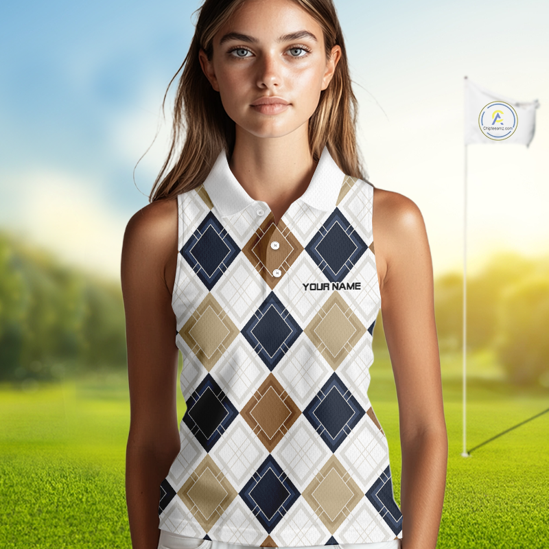 Plaid Womens Sleeveless Golf Polo Shirt Custom Retro Argyle Pattern Team Golf Tops, Vintage Golf Gift NHN0216