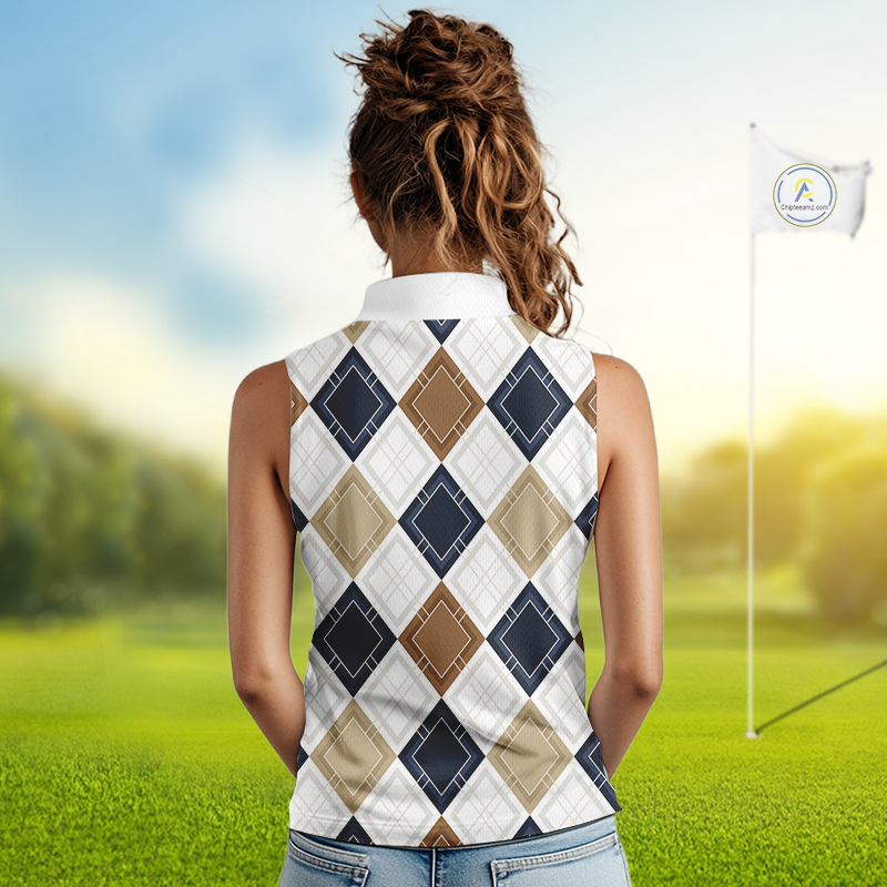 Plaid Womens Sleeveless Golf Polo Shirt Custom Retro Argyle Pattern Team Golf Tops, Vintage Golf Gift NHN0216