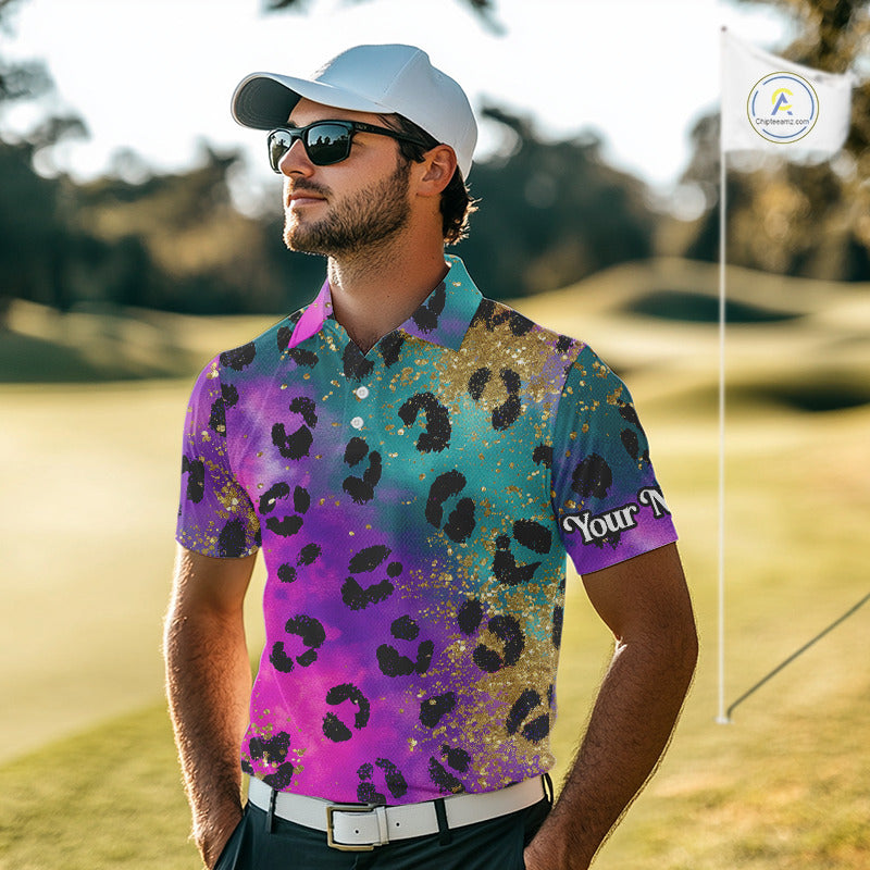 Leopard Mens Golf Polo Shirt Custom Colorful Neon Rainbow Leopard Pattern Team Golf Tops, Golf Gifts NHN0217