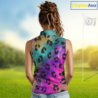 Womens Sleeveless Golf Polo Shirt Custom Colorful Neon Rainbow Leopard Pattern Team Golf Tops NHN0217