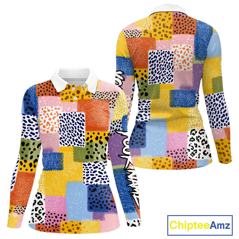 Funny Plaid Womens Long Sleeve Golf Polo Shirt Custom Colorful Leopard Square Pattern Team Golf Top NHN0218