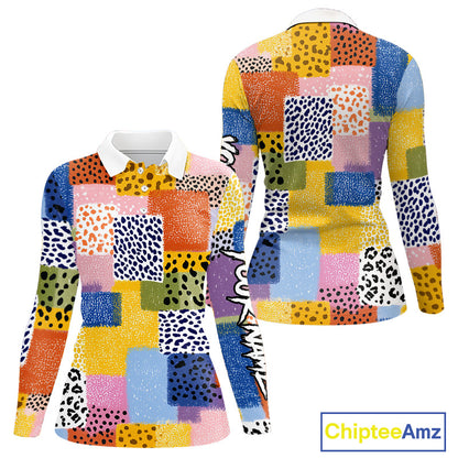 Funny Plaid Womens Long Sleeve Golf Polo Shirt Custom Colorful Leopard Square Pattern Team Golf Top NHN0218