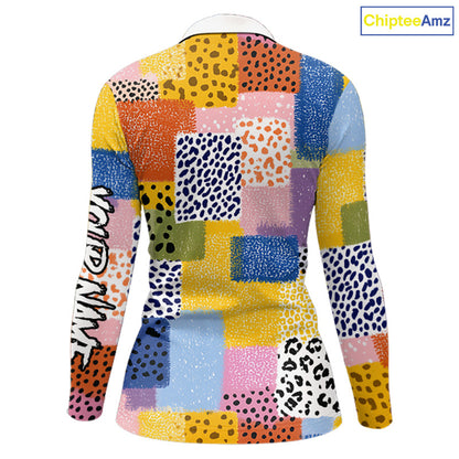 Funny Plaid Womens Long Sleeve Golf Polo Shirt Custom Colorful Leopard Square Pattern Team Golf Top NHN0218