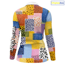 Load image into Gallery viewer, Funny Plaid Womens Long Sleeve Golf Polo Shirt Custom Colorful Leopard Square Pattern Team Golf Top NHN0218