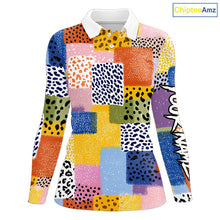 Load image into Gallery viewer, Funny Plaid Womens Long Sleeve Golf Polo Shirt Custom Colorful Leopard Square Pattern Team Golf Top NHN0218