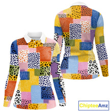 Load image into Gallery viewer, Funny Plaid Womens Long Sleeve Golf Polo Shirt Custom Colorful Leopard Square Pattern Team Golf Top NHN0218
