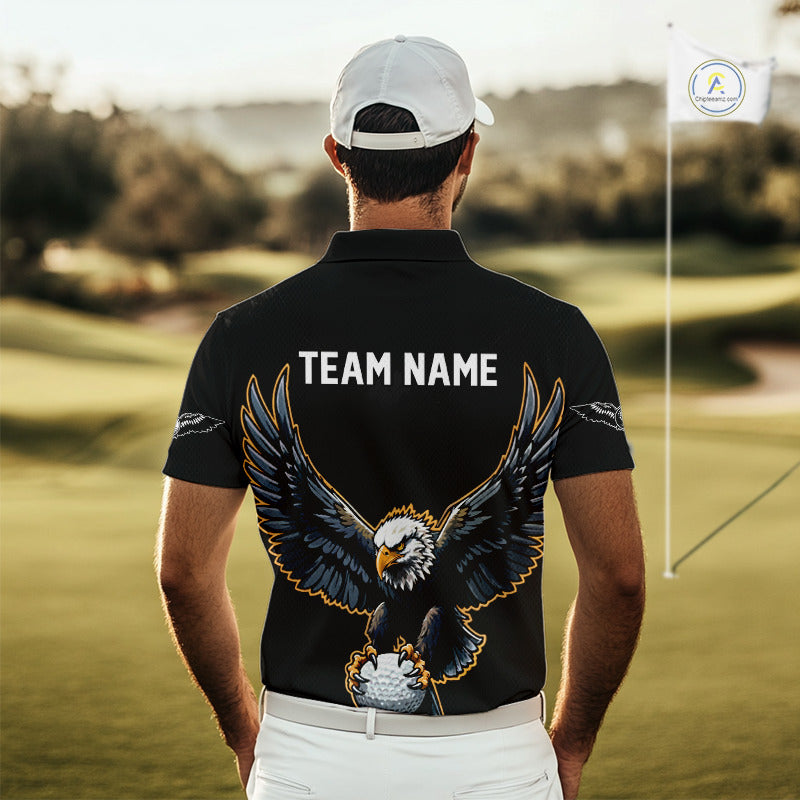 Eagle Mens Golf Polo Shirts Custom Golf Attire For Men, Black And Yellow Team Golf Top Personalized NHN0083