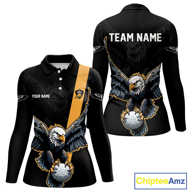 Long Sleeve Golf Polo Shirt Custom Eagle Golf Attire For Women, Black & Yellow Team Golf Top NHN0083