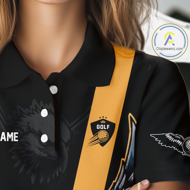 Eagle Womens Golf Polo Shirts Custom Golf Attire For Ladies, Black & Yellow Team Golf Top Personalized NHN0083
