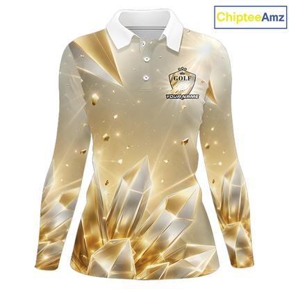 Womens Long Sleeve Golf Polo Shirt Custom Gold Diamond Crystal Golf Ball Custom Name Team Golf Shirts NHN0220