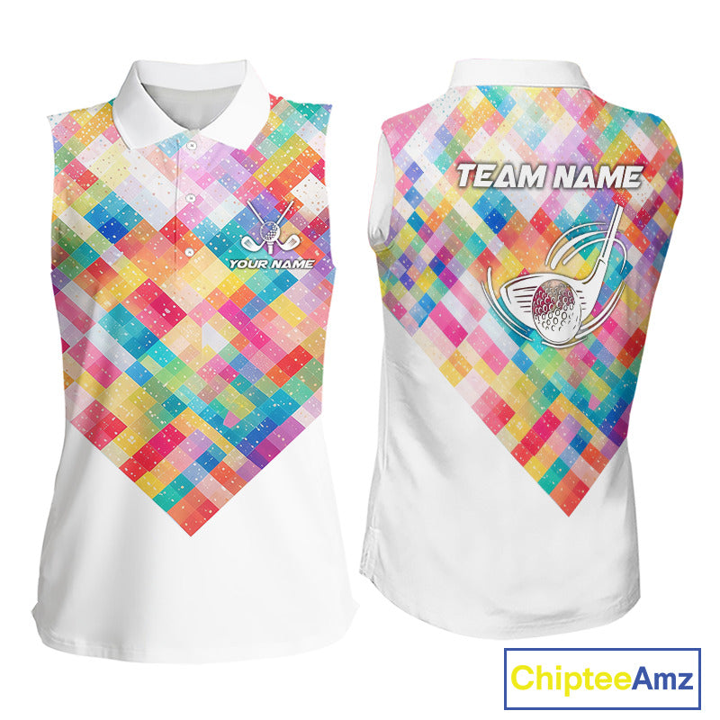 Geometric Pink Womens Sleeveless Golf Polo Shirt Custom Name Golf Shirts For Ladies, Golf Gifts NHN0089