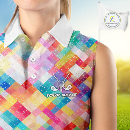 Geometric Pink Womens Sleeveless Golf Polo Shirt Custom Name Golf Shirts For Ladies, Golf Gifts NHN0089