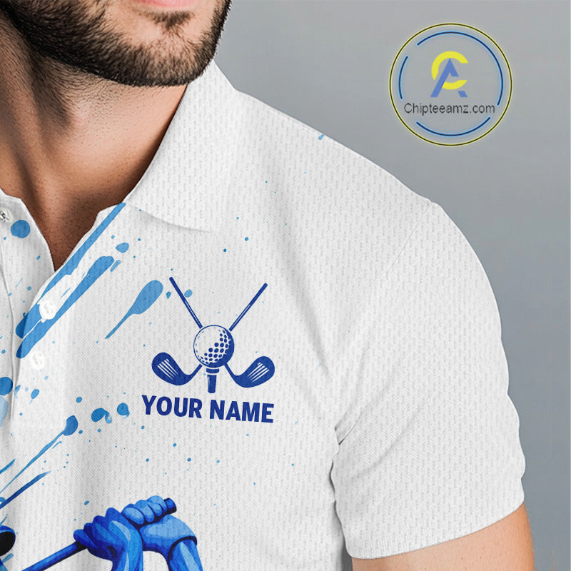 Golf Polo Shirts, Mens Golf Polo Shirts Blue Painting Golfer Custom Name Team Golf Shirt, Golf Gifts NHN0090