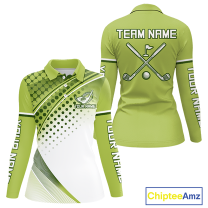 Womens Long Sleeve Golf Polo Shirt Custom Green & White Golf Shirts For Team Personalized Golf Gifts NHN0096