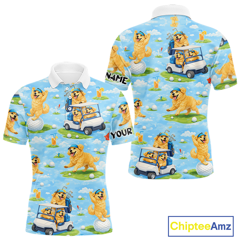 Mens Golf Polo Shirt Custom Funny Golden Retriever Blue Pattern Team Golf Tops, Dog Lover Gift NHN0225