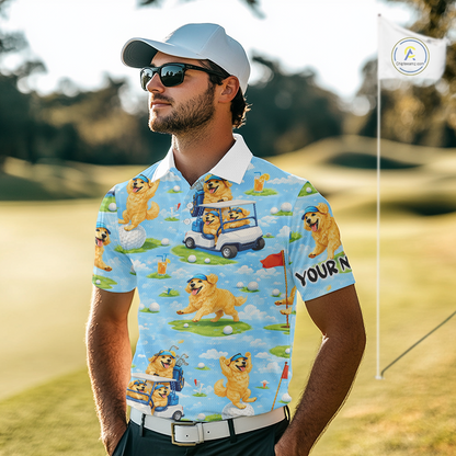 Mens Golf Polo Shirt Custom Funny Golden Retriever Blue Pattern Team Golf Tops, Dog Lover Gift NHN0225