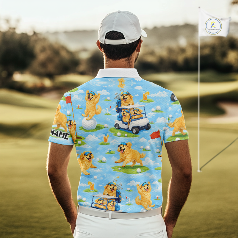 Mens Golf Polo Shirt Custom Funny Golden Retriever Blue Pattern Team Golf Tops, Dog Lover Gift NHN0225