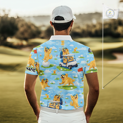 Mens Golf Polo Shirt Custom Funny Golden Retriever Blue Pattern Team Golf Tops, Dog Lover Gift NHN0225