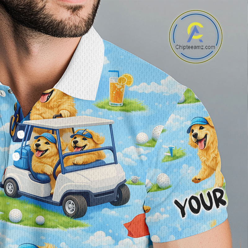 Mens Golf Polo Shirt Custom Funny Golden Retriever Blue Pattern Team Golf Tops, Dog Lover Gift NHN0225