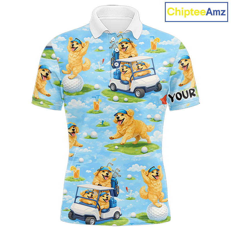 Mens Golf Polo Shirt Custom Funny Golden Retriever Blue Pattern Team Golf Tops, Dog Lover Gift NHN0225