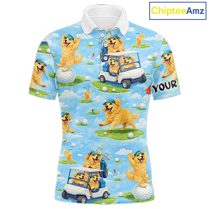 Mens Golf Polo Shirt Custom Funny Golden Retriever Blue Pattern Team Golf Tops, Dog Lover Gift NHN0225