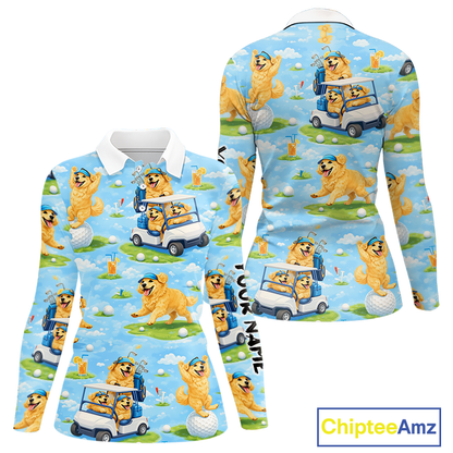 Womens Long Sleeve Golf Polo Shirt Custom Funny Golden Retriever Blue Team Golf Tops, Dog Lover Gift NHN0225