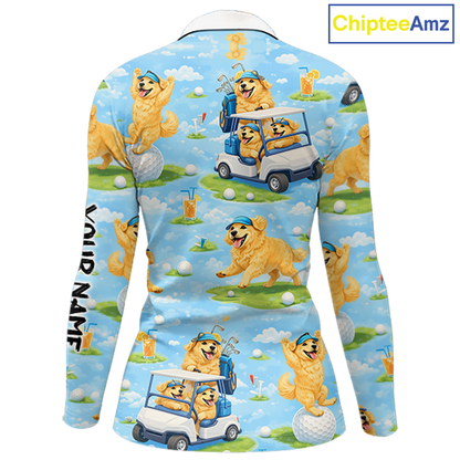 Womens Long Sleeve Golf Polo Shirt Custom Funny Golden Retriever Blue Team Golf Tops, Dog Lover Gift NHN0225