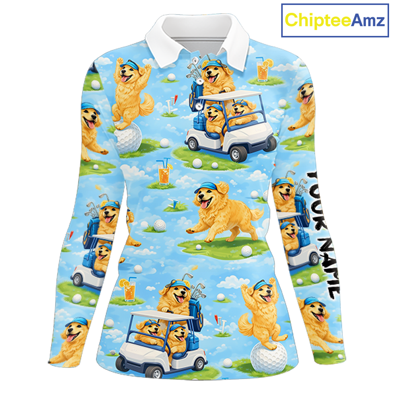 Womens Long Sleeve Golf Polo Shirt Custom Funny Golden Retriever Blue Team Golf Tops, Dog Lover Gift NHN0225