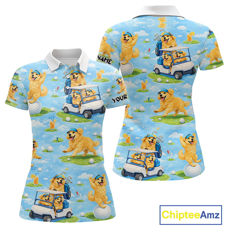 Womens Golf Polo Shirt Custom Funny Golden Retriever Blue Pattern Team Golf Tops, Dog Lover Gift NHN0225