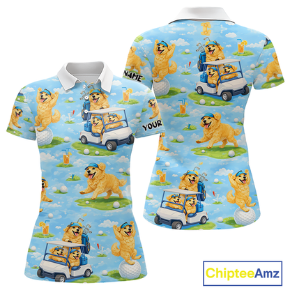 Womens Golf Polo Shirt Custom Funny Golden Retriever Blue Pattern Team Golf Tops, Dog Lover Gift NHN0225