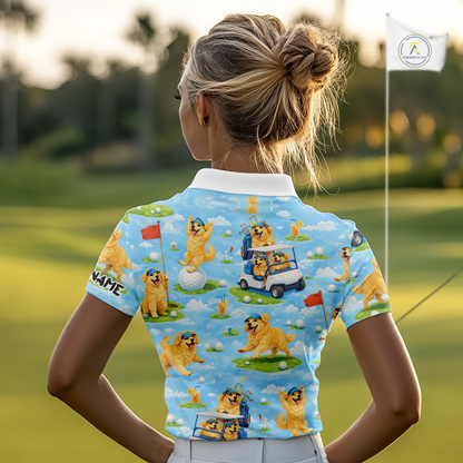 Womens Golf Polo Shirt Custom Funny Golden Retriever Blue Pattern Team Golf Tops, Dog Lover Gift NHN0225