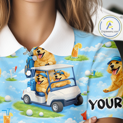 Womens Golf Polo Shirt Custom Funny Golden Retriever Blue Pattern Team Golf Tops, Dog Lover Gift NHN0225