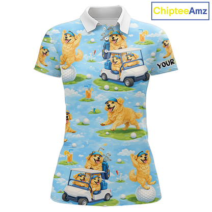 Womens Golf Polo Shirt Custom Funny Golden Retriever Blue Pattern Team Golf Tops, Dog Lover Gift NHN0225