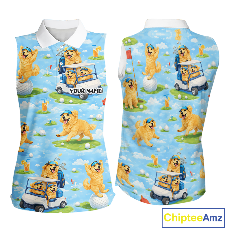 Womens Sleeveless Golf Polo Shirt Custom Funny Golden Retriever Blue Team Golf Tops, Dog Lover Gift NHN0225