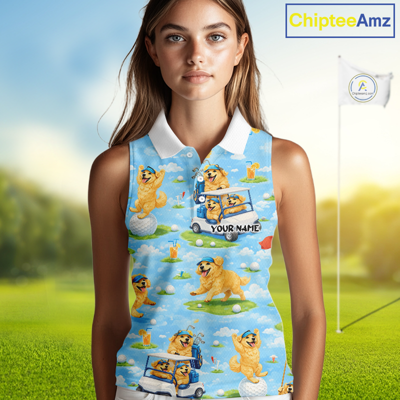 Womens Sleeveless Golf Polo Shirt Custom Funny Golden Retriever Blue Team Golf Tops, Dog Lover Gift NHN0225