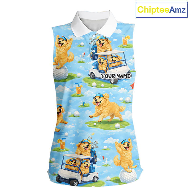 Womens Sleeveless Golf Polo Shirt Custom Funny Golden Retriever Blue Team Golf Tops, Dog Lover Gift NHN0225